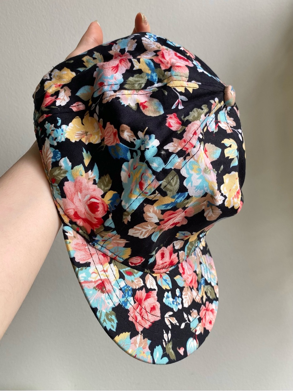 Floral Cotton Cap - Black with Pink & Blue Flowers